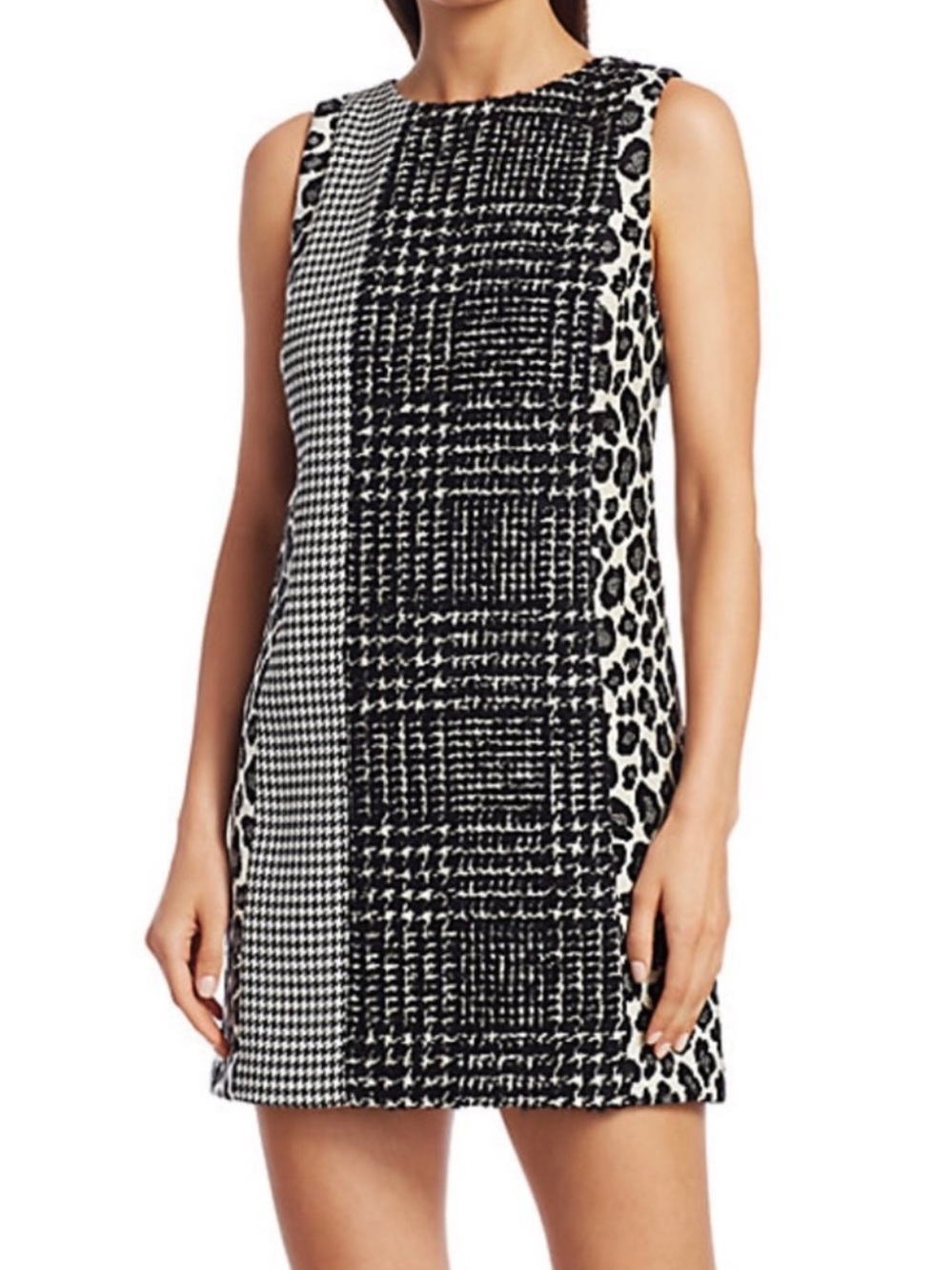 Alice + Olivia Clyde Patchwork Plaid Shift Dress Black/White Combo 6